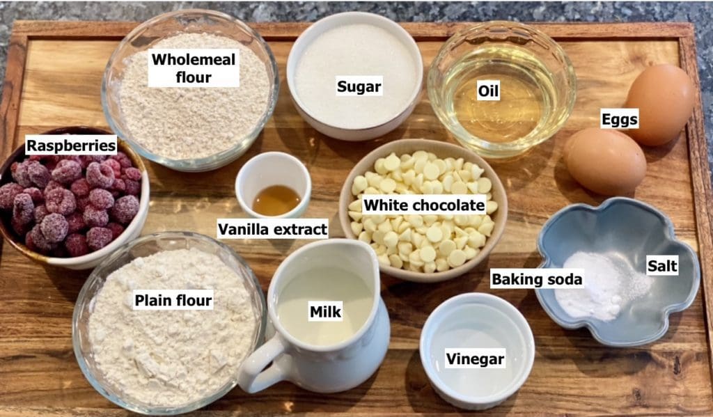 ingredients for raspberry and white chocolate muffins
