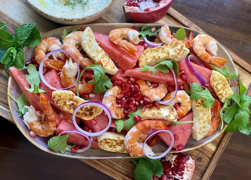 halloumi prawn watermelon salad