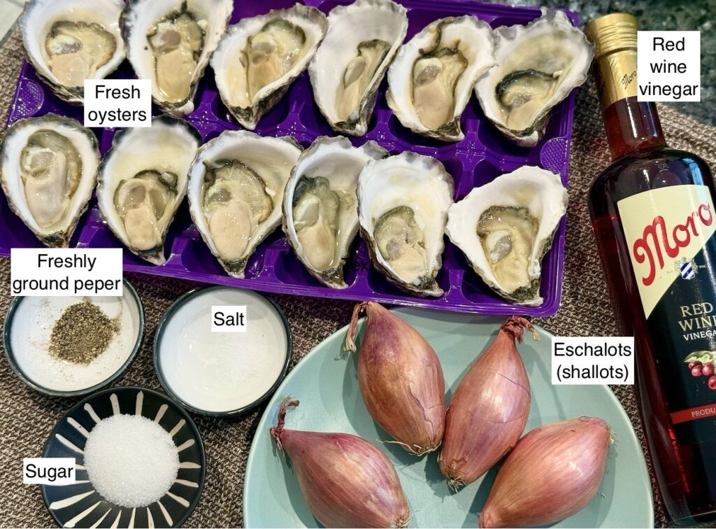 Ingredients displayed on kitchen bench showing the ingredients to make Mignonette Sauce For Oysters