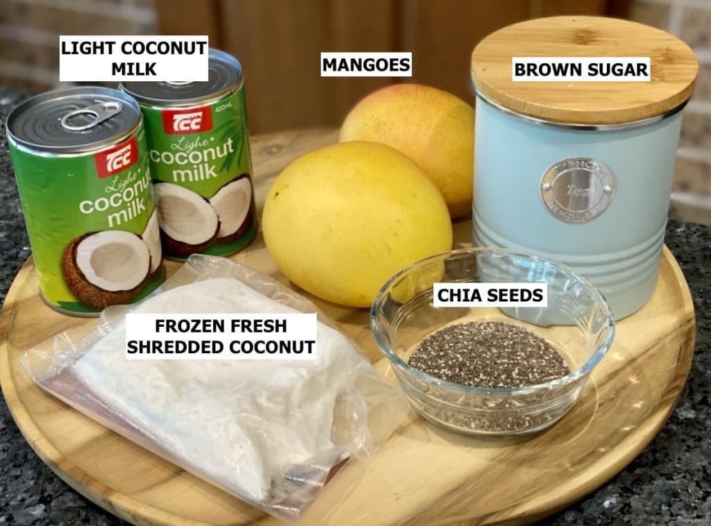 ingredients for Mango Coconut Chia Pudding