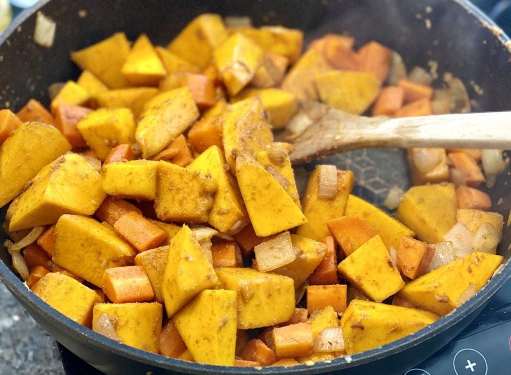 stir-frying the pumpkin