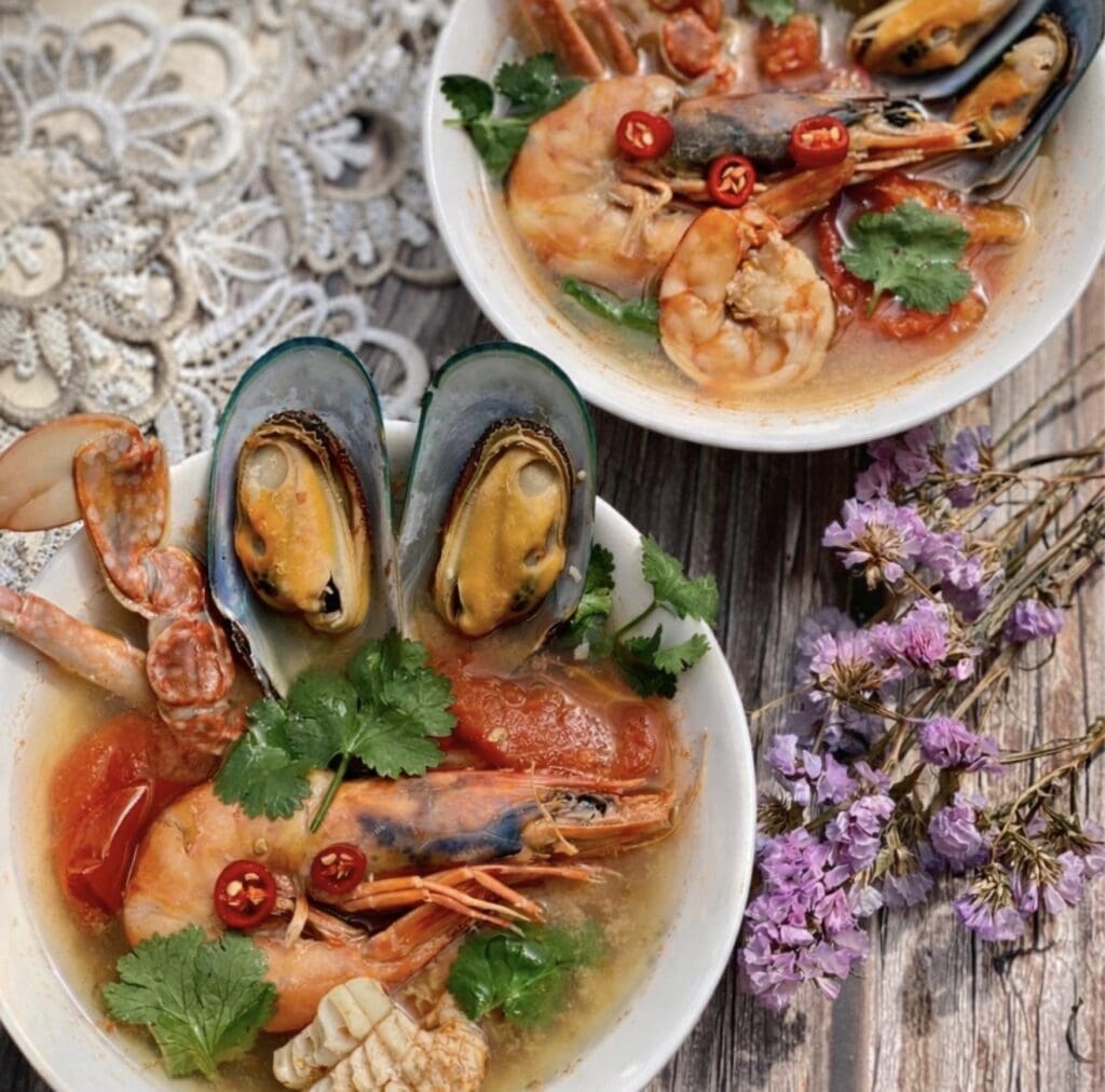 Thai seafood soup (Tom Yum Talay) recipe featuring prawns, mussels and crab in a fragrant Tom Yum broth