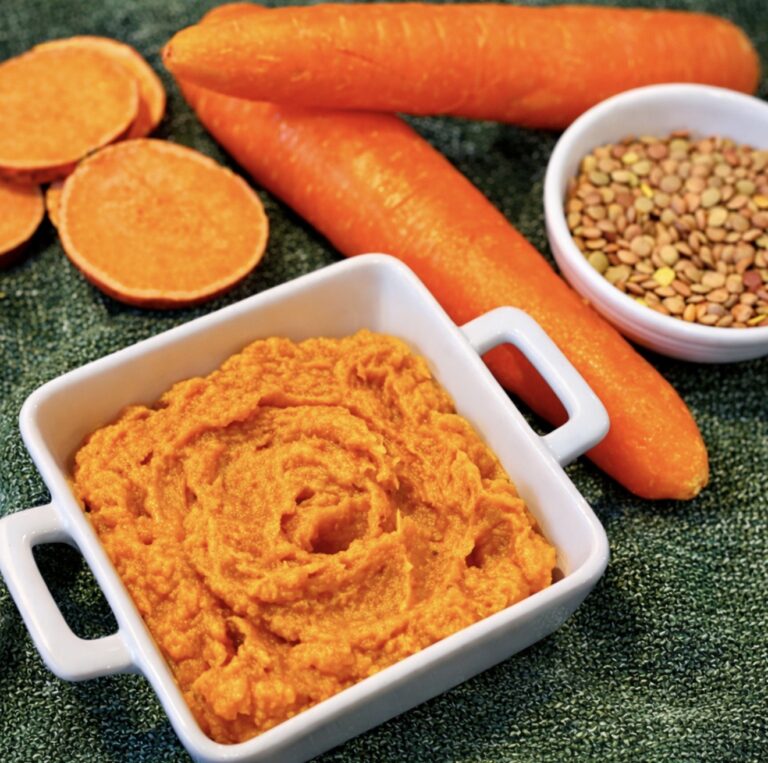 Lentils for baby with sweet potato and carrot ingredients prepared for a healthy baby meal