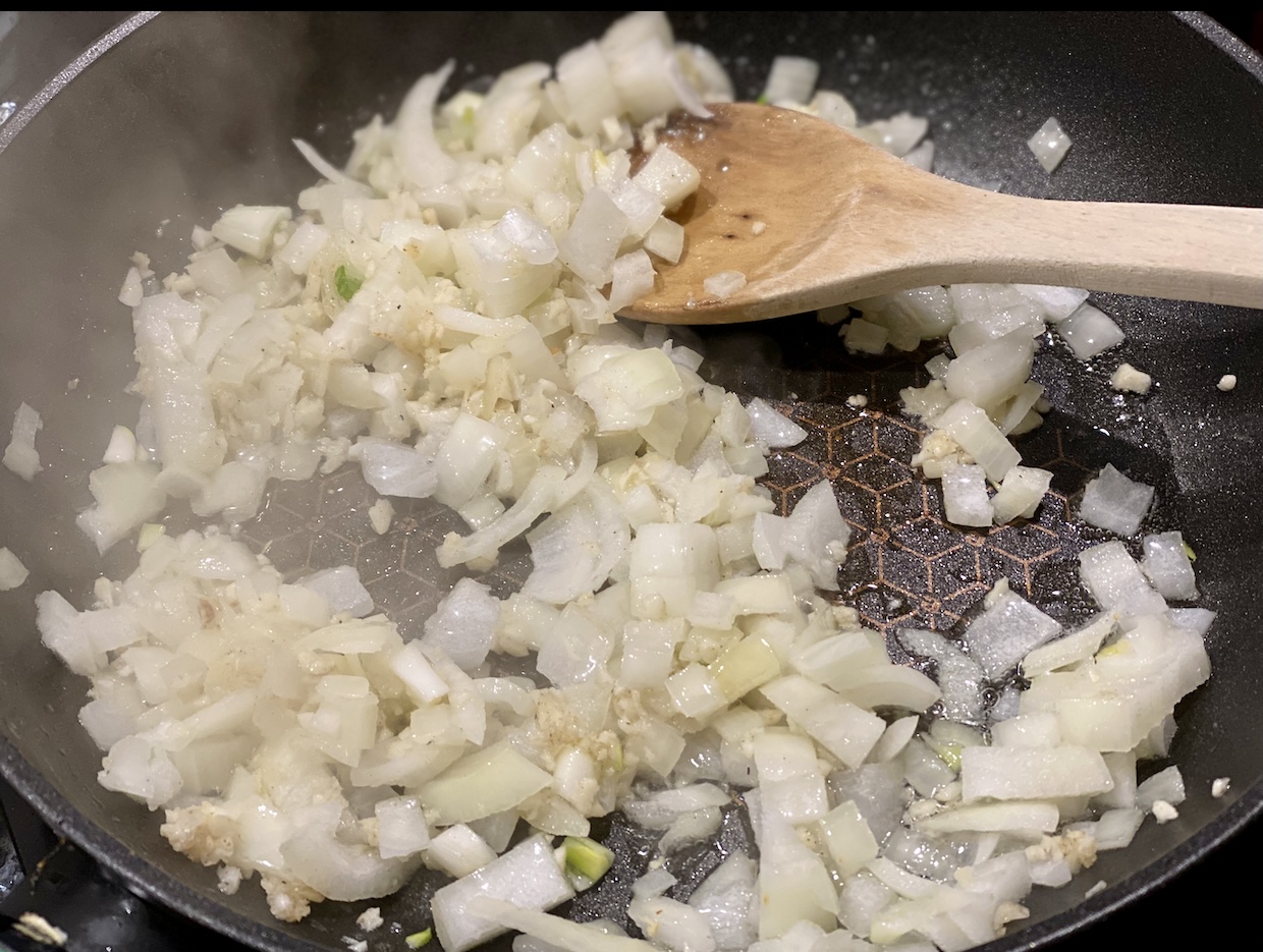cooking onion and mushrooms