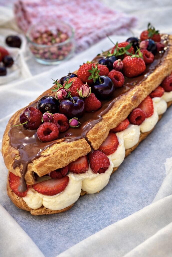Giant chocolate éclair filled with vanilla cream and fresh strawberries, topped with chocolate ganache, raspberries, cherries, and strawberries