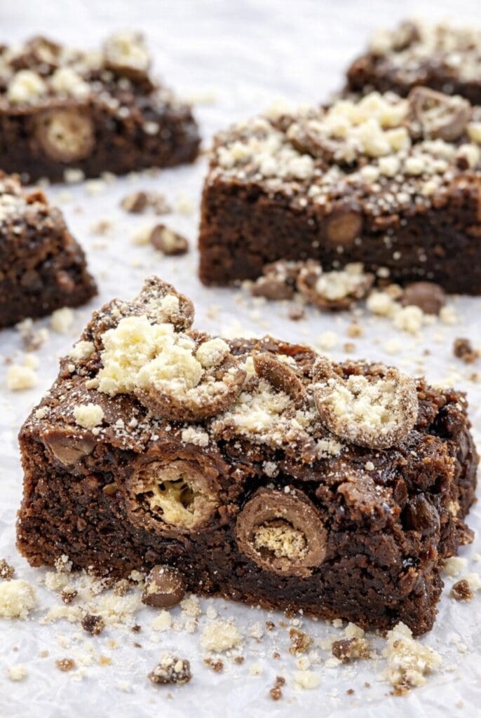 Stack of rich chocolate Malteser brownies showing crunchy Malteser pieces inside and a soft, fudgy texture.
