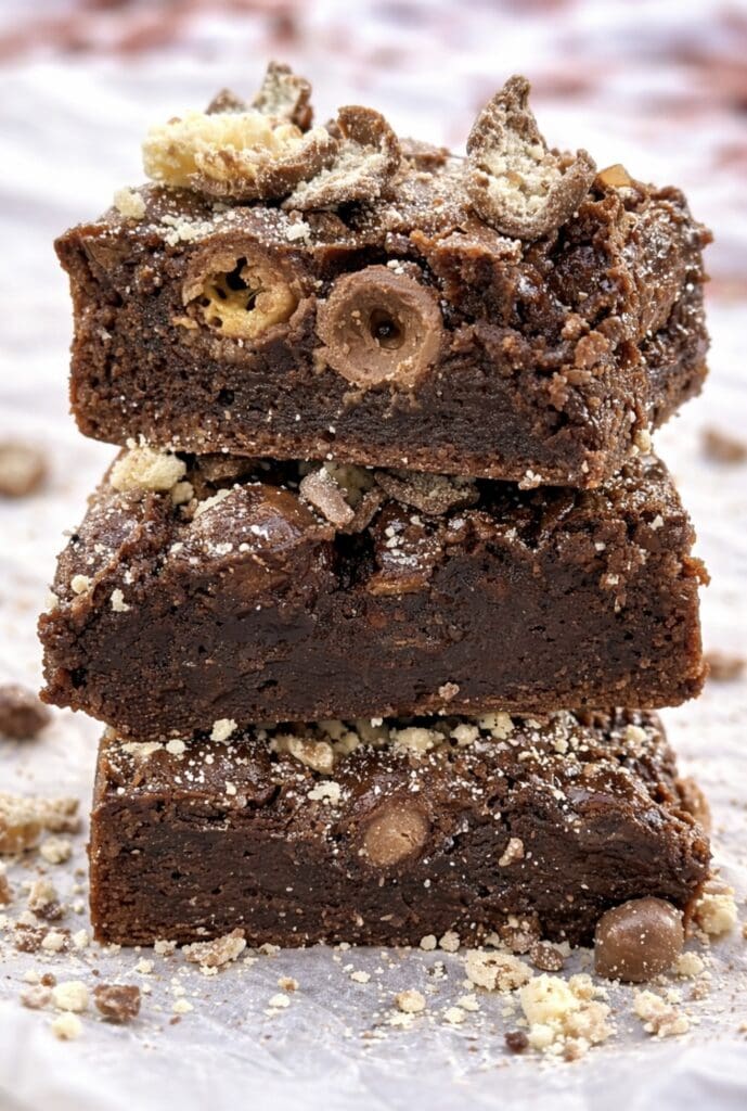 Close-up of ultra fudgy chocolate Malteser brownies with crunchy centres, stacked and dusted with Malteser on baking paper.