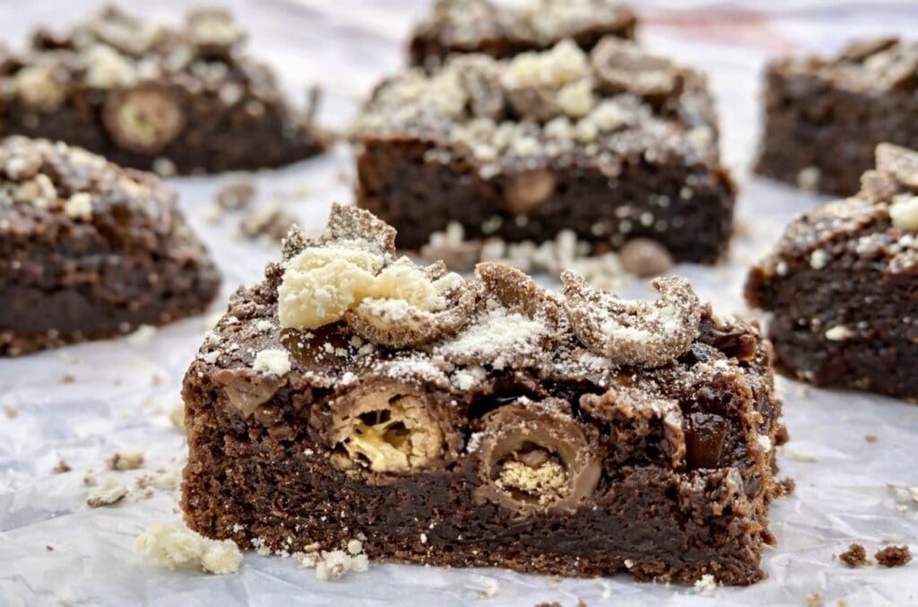 Ultra fudgy Malteser brownies stacked on baking paper, filled with crunchy Malteser pieces and topped Malteser crumbs