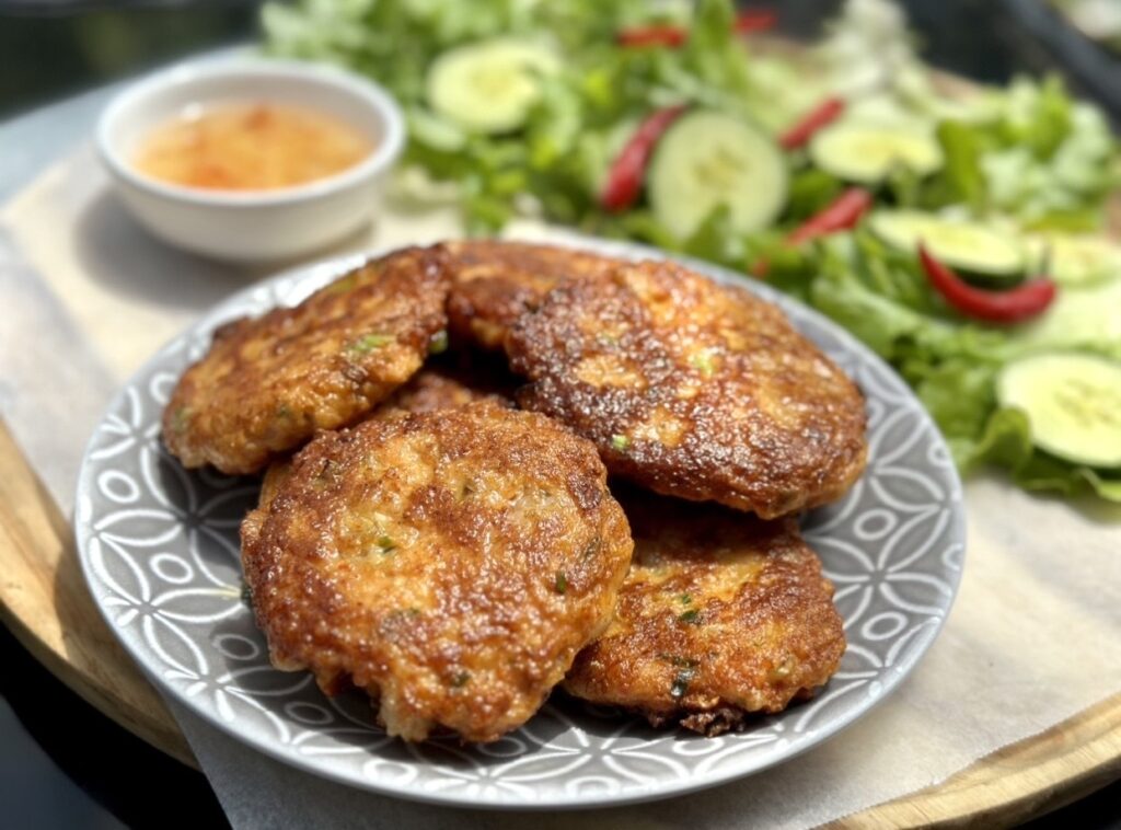 Thai Fish Cakes with Prawns stacked on a patterned plate served with cucumber salad and sweet chilli dipping sauce.