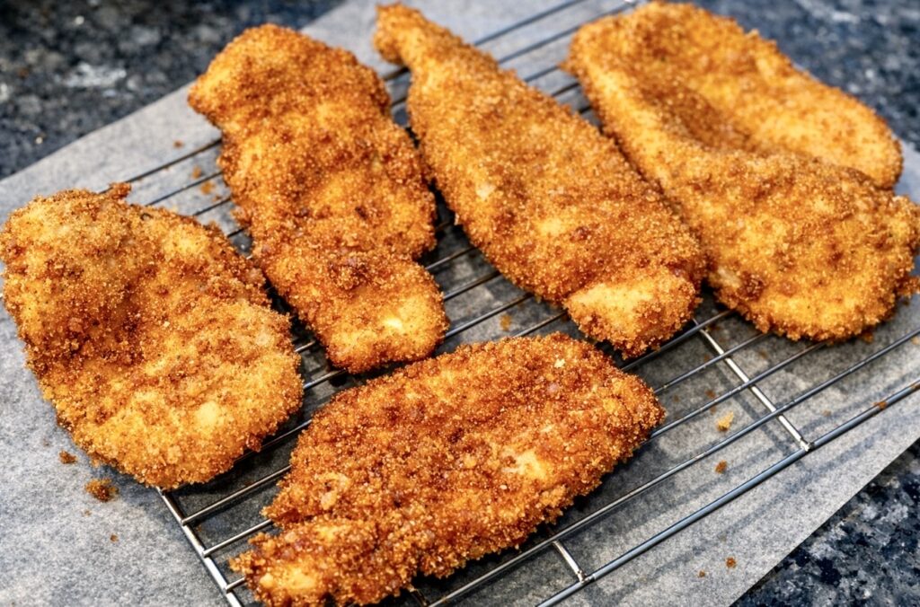 Golden breaded chicken schnitzels cooling on a wire rack lined with baking paper after frying.