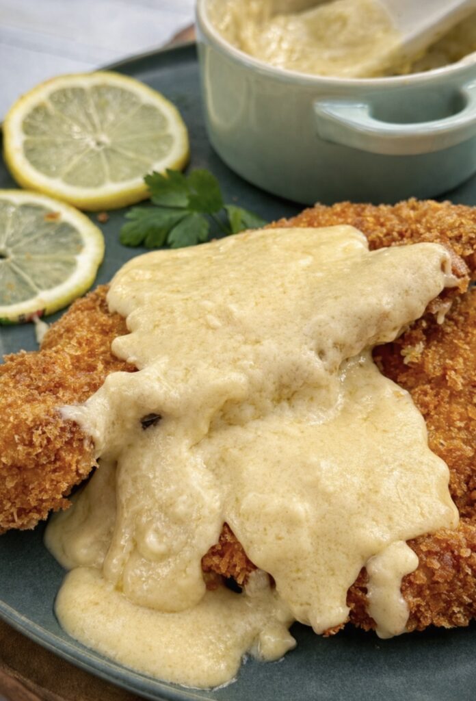 Two golden Chicken Schnitzel fillets with Creamy Cheese Sauce 