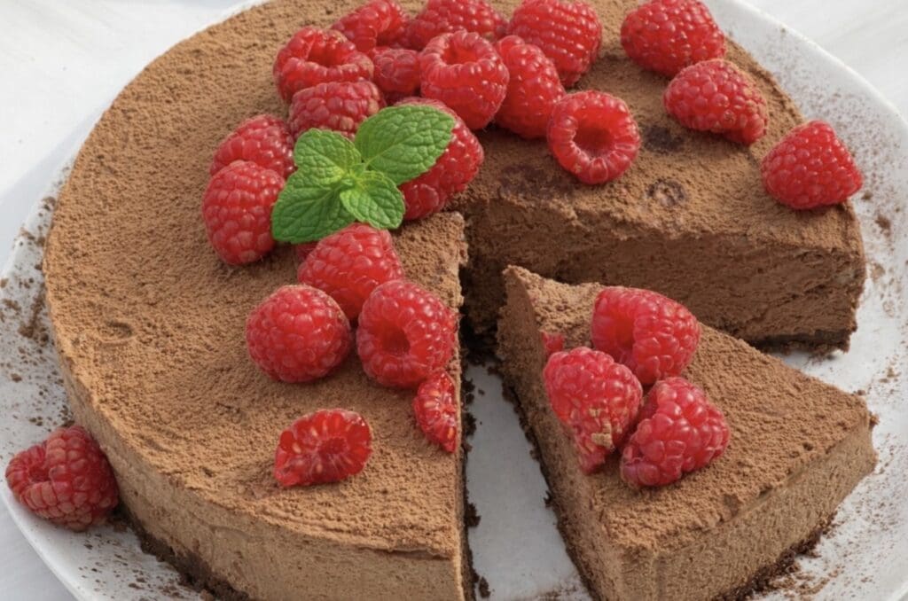 A close up shot of the Chocolate Mousse Cake with one sliced pulled away revealing rich creamy texture