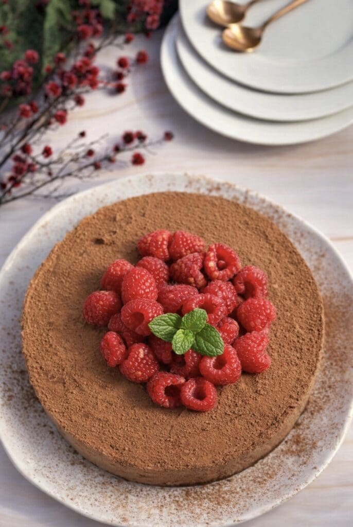 A top view of the Chocolate Mousse Cake surrounded by flowers and a stacks of serving plates.