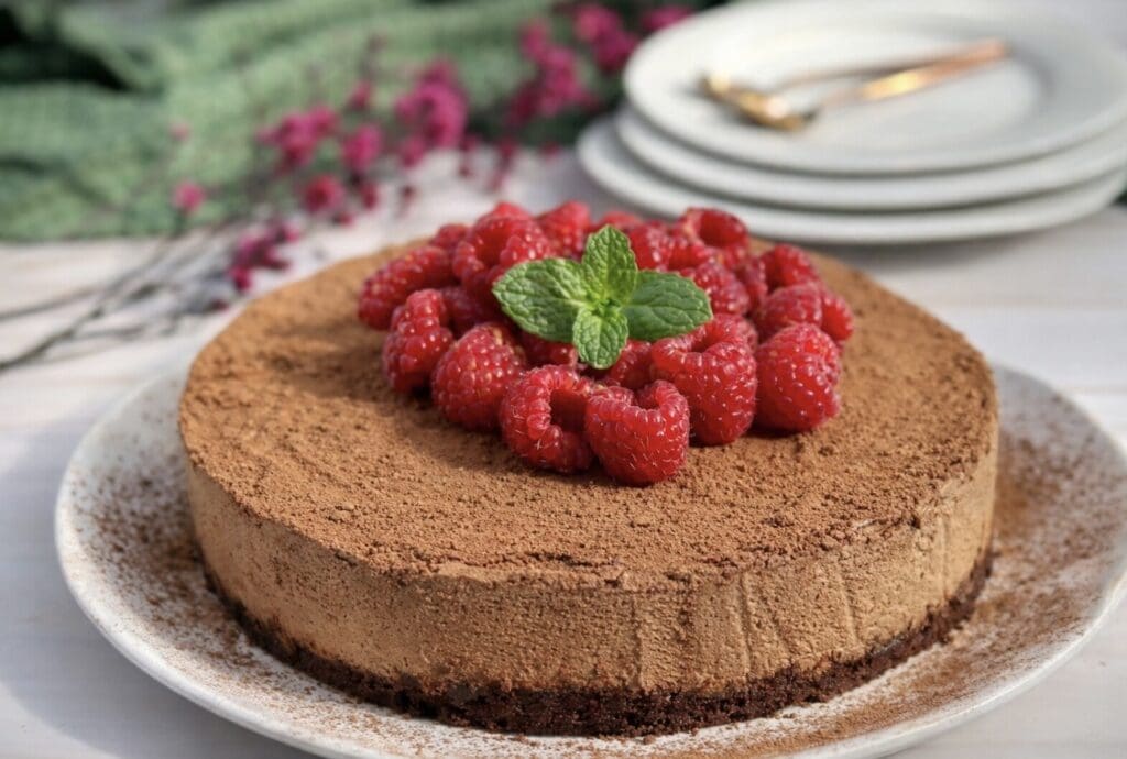 Whole Chocolate Mousse Cake on a white plate topped with a generous amount of raspberry and mint leaves