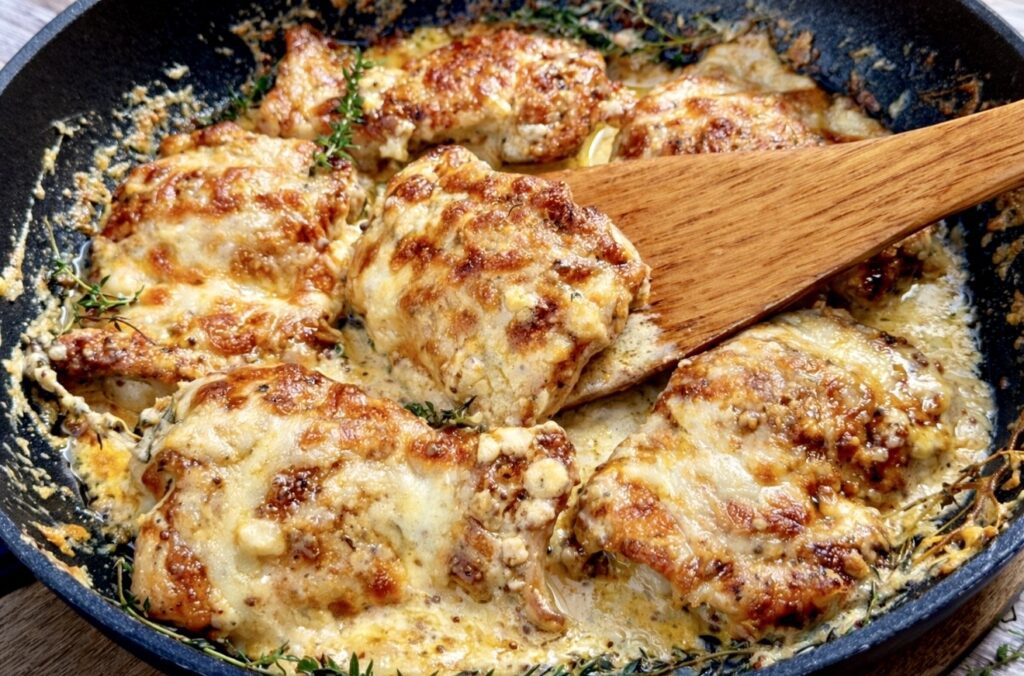 Cheesy chicken thighs simmering in a creamy sauce, with melted golden cheese and herbs, lifted from the pan with a wooden spoon