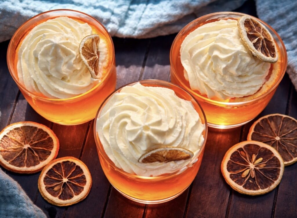 Top down view of aperol spritz jelly cups with whipped cream and dried citrus slices arranged on a dark wooden surface.