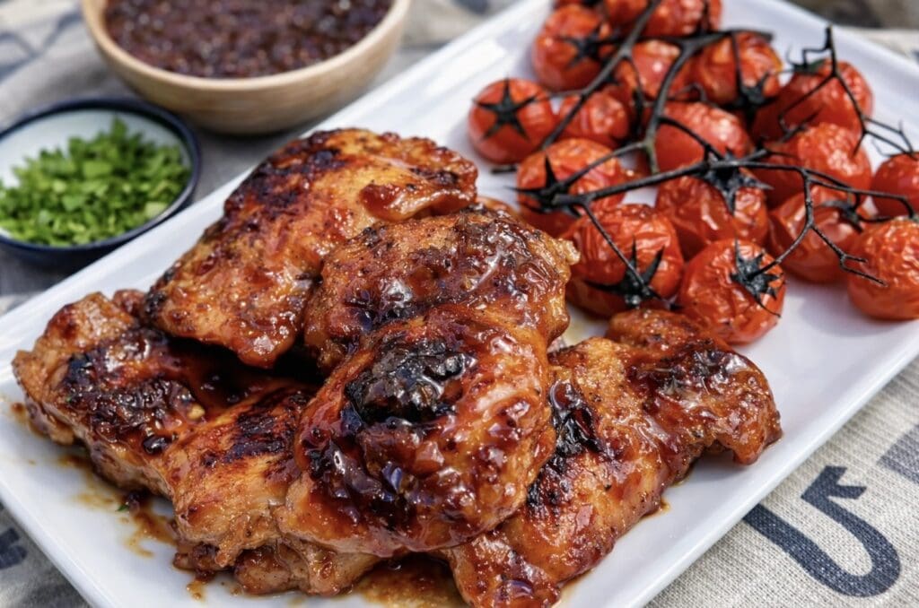 Balsamic chicken glazed with a sticky, glossy sauce, served with roasted cherry tomatoes for a quick weeknight dinner.