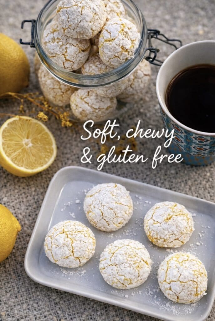 Soft, chewy gluten-free lemon crinkle cookies dusted with icing sugar, served on a white plate with fresh lemons and a cup of coffee.
