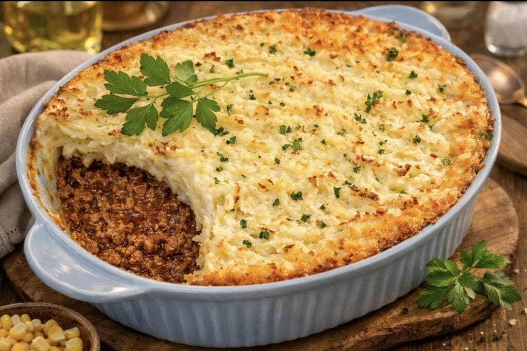 Golden baked cottage pie topped with fluffy mashed potatoes and a rich beef mince filling