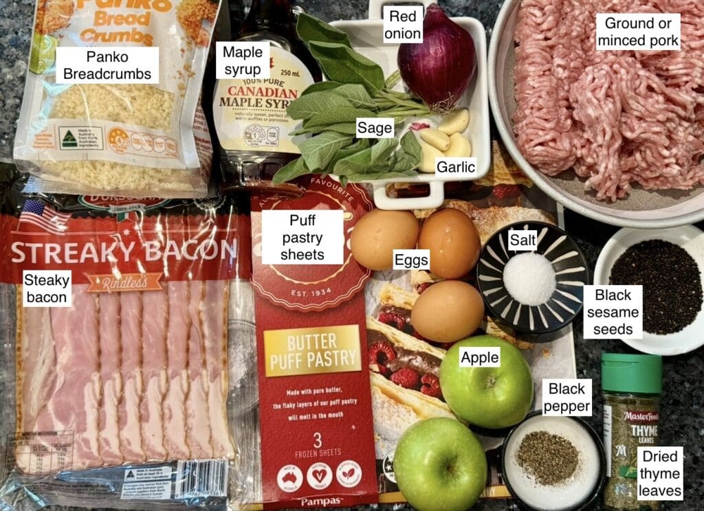 An image of the ingredients needed to make Pork and apple sausage rolls