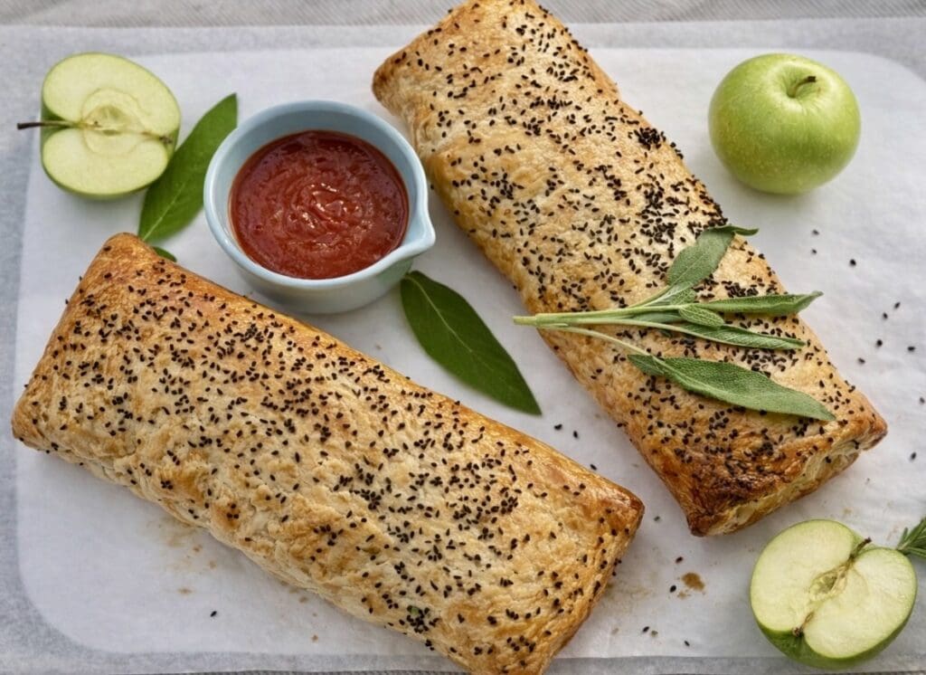 Two whole large pork and apple sausage rolls displayed with Granny smith apples and sage leaves