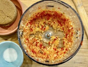finely chopped garlic, ginger and chillies in a mini food chopper bowl