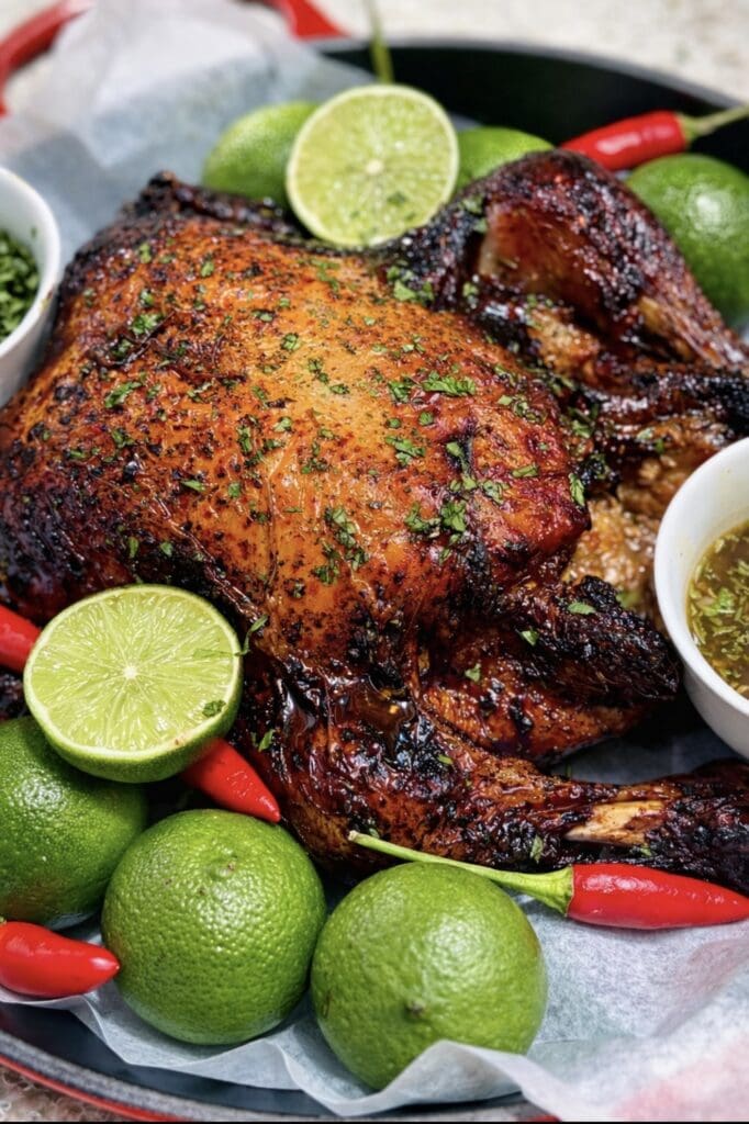 Whole roast chilli lime chicken with crispy skin, served with fresh limes, red chillies
