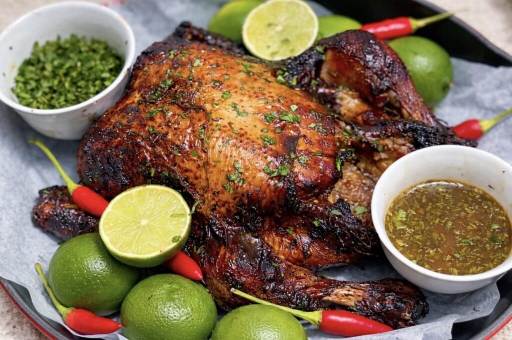 Whole roast chilli lime chicken with crispy skin, served with fresh limes, red chillies and herb sauce