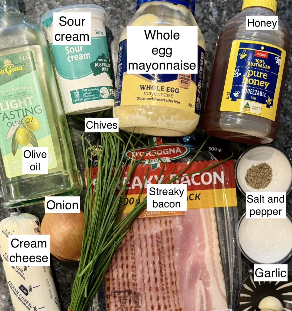 Ingredients for Creamy bacon and onion dip are shown on a kitchen bench.