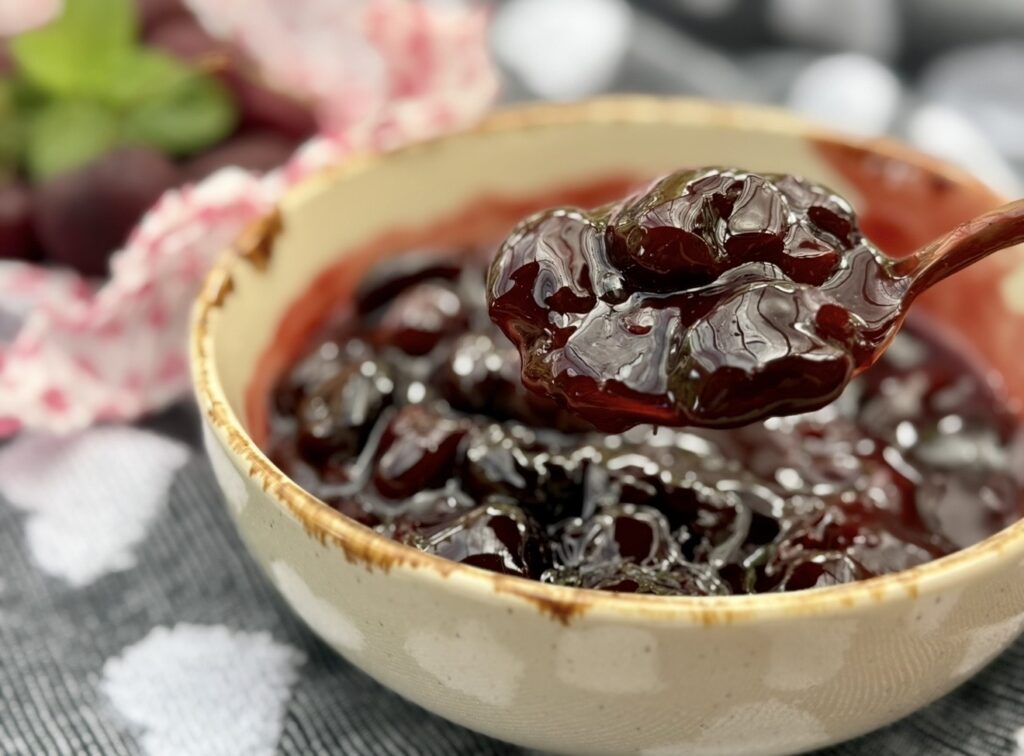 Close-up of glossy homemade cherry compote with whole cherries in a ceramic bowl.