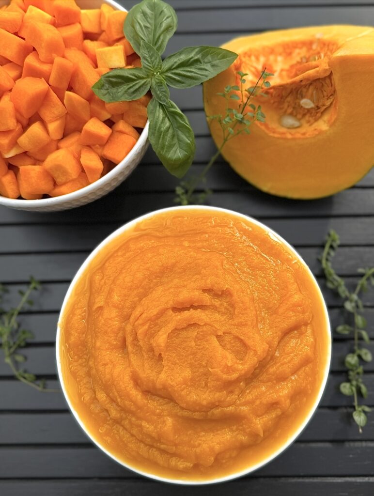 How to make homemade pumpkin purée – overhead view of smooth pumpkin purée with fresh pumpkin pieces
